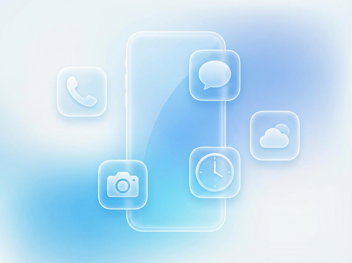 Modern smartphone UI design elements floating in a clean space, minimalist icons, glassmorphism style, soft blue and white gradient background, high contrast, 4:3