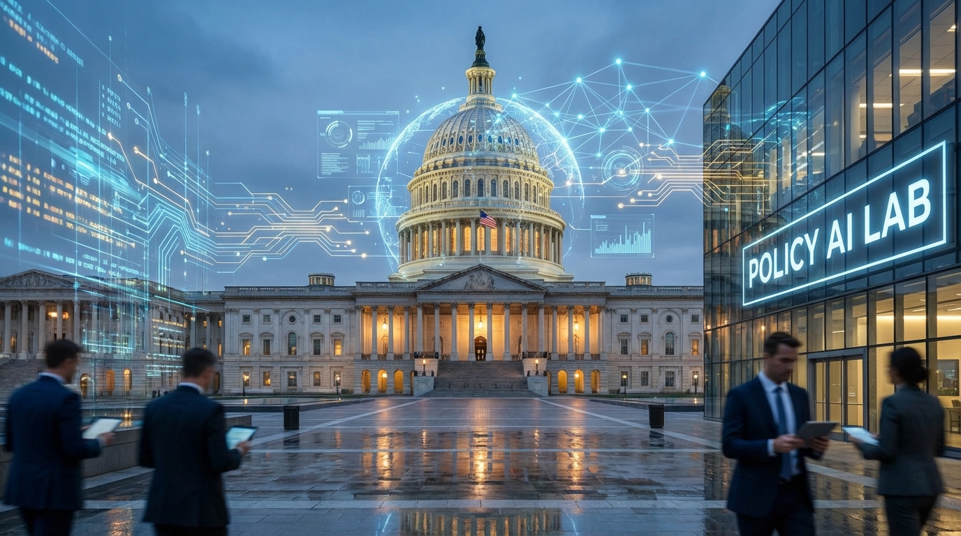 A dramatic view of the US Capitol building integrated with glowing digital data networks and circuit patterns, representing the intersection of policy and AI technology, cinematic lighting, modern professional atmosphere, 16:9.