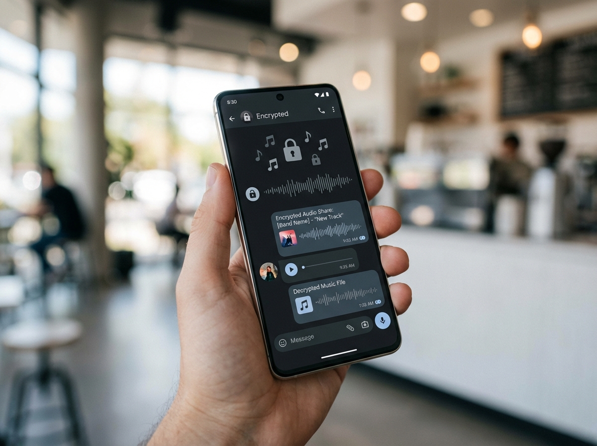 Close-up of a hand holding a smartphone showing an encrypted messaging app screen with music icons. Soft background blur, professional technology photography. 4:3.