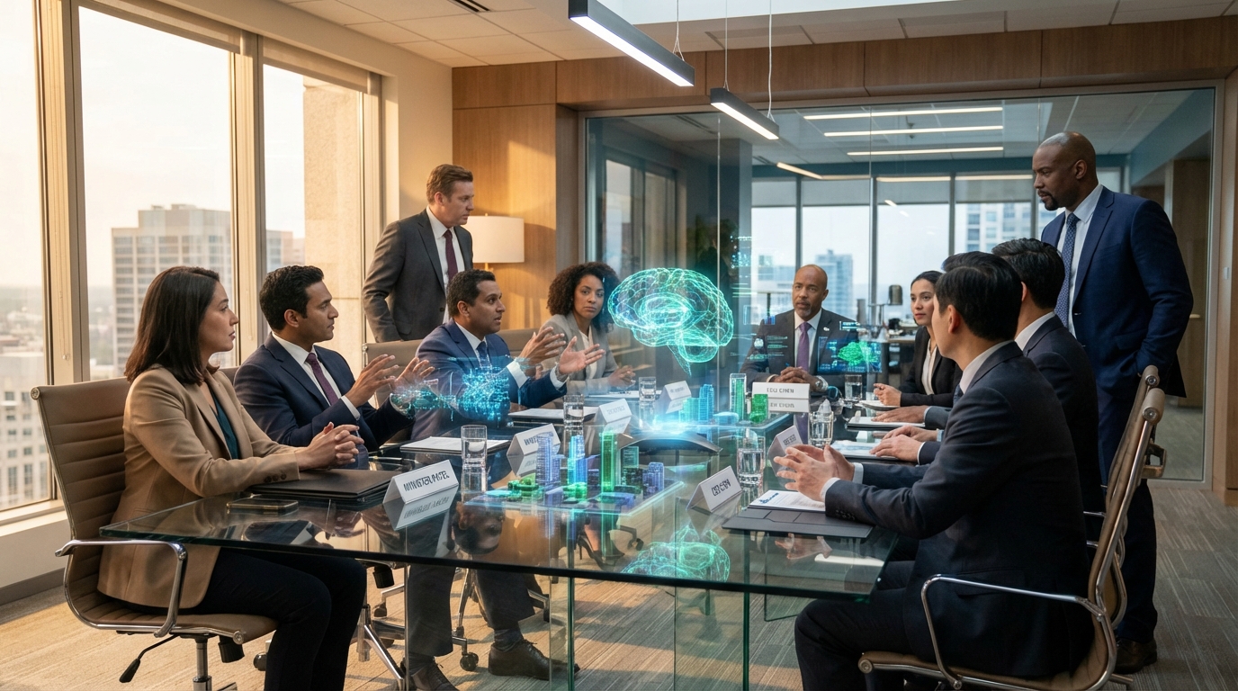 Professional business environment showing diverse politicians and tech executives in a high-stakes discussion around a futuristic glass conference table with holograms of AI architecture, realistic lighting, 16:9.