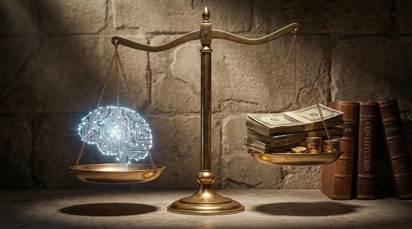 A symbolic image of a scale balancing a glowing AI brain on one side and a stack of physical currency and law books on the other, dramatic lighting, textured background, professional artistic rendering, 16:9.