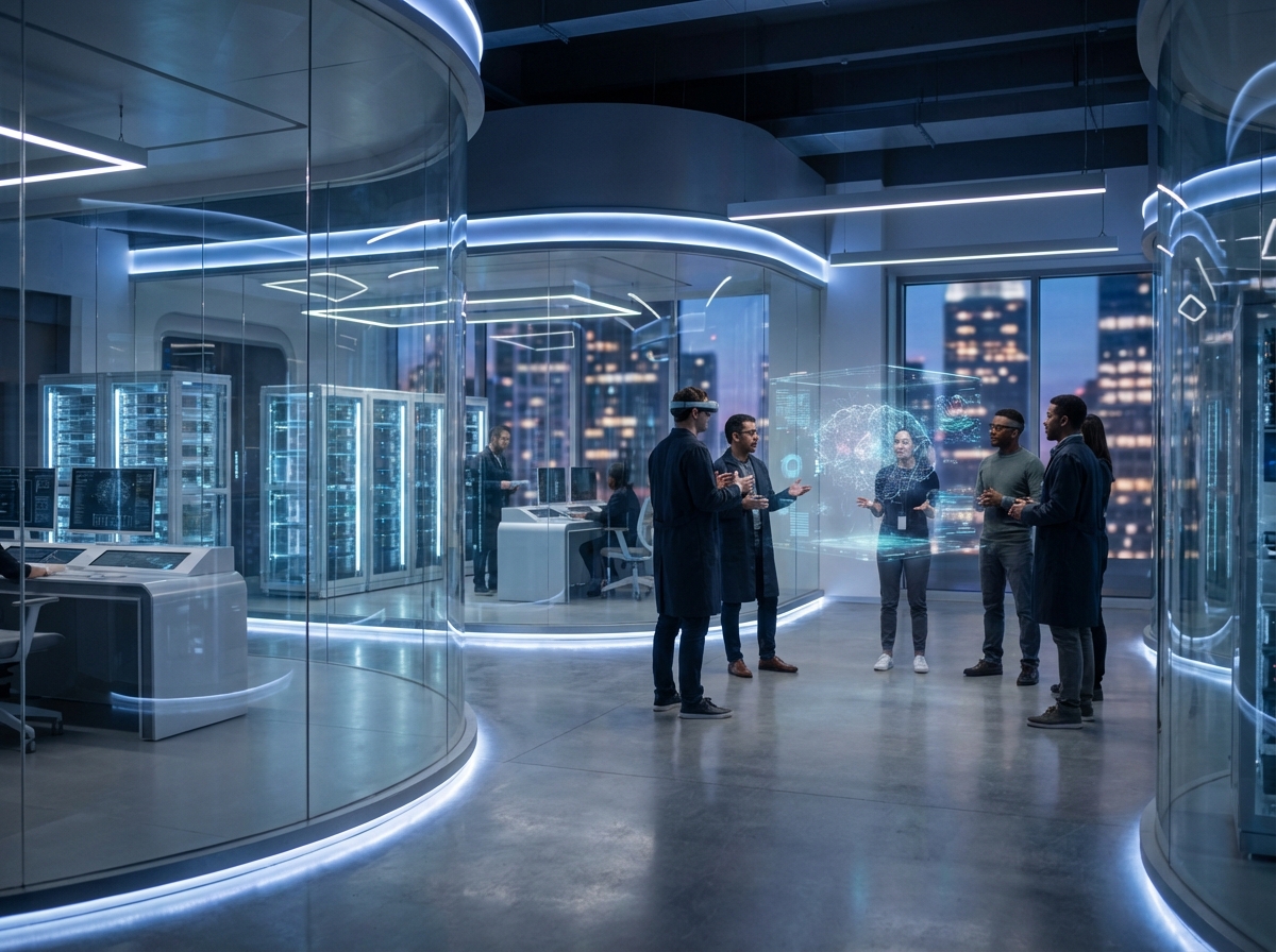 A sleek and modern artificial intelligence research laboratory with high-tech equipment, soft blue and white ambient lighting, glass walls, and researchers collaborating around holographic data visualizations, realistic style, cinematic lighting, 4:3