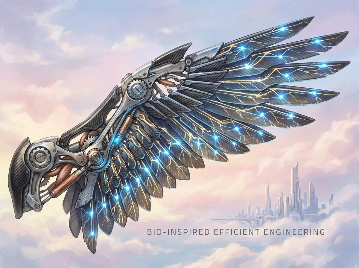 A conceptual illustration showing a futuristic mechanical wing designed like a bird's wing with glowing neural network patterns on it, representing bio-inspired efficient engineering, soft sky background, highly detailed, 4:3