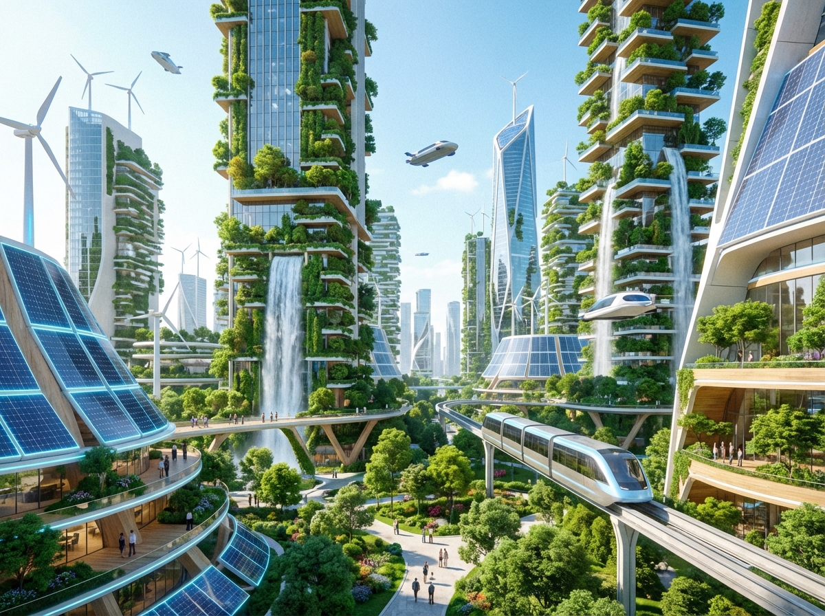 A futuristic city view with lush greenery integrated into architecture, clean energy icons subtly integrated, bright daylight, optimistic atmosphere, representing the positive impact of advanced technology, detailed composition, 4:3