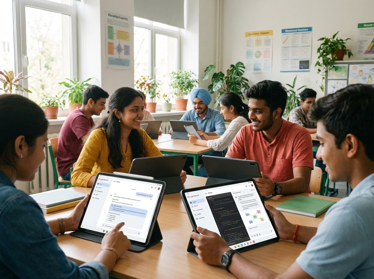 A diverse group of Indian students in a bright classroom using modern tablets for learning, showing Google Gemini interface on screens, natural daylight, high quality photography, 4:3