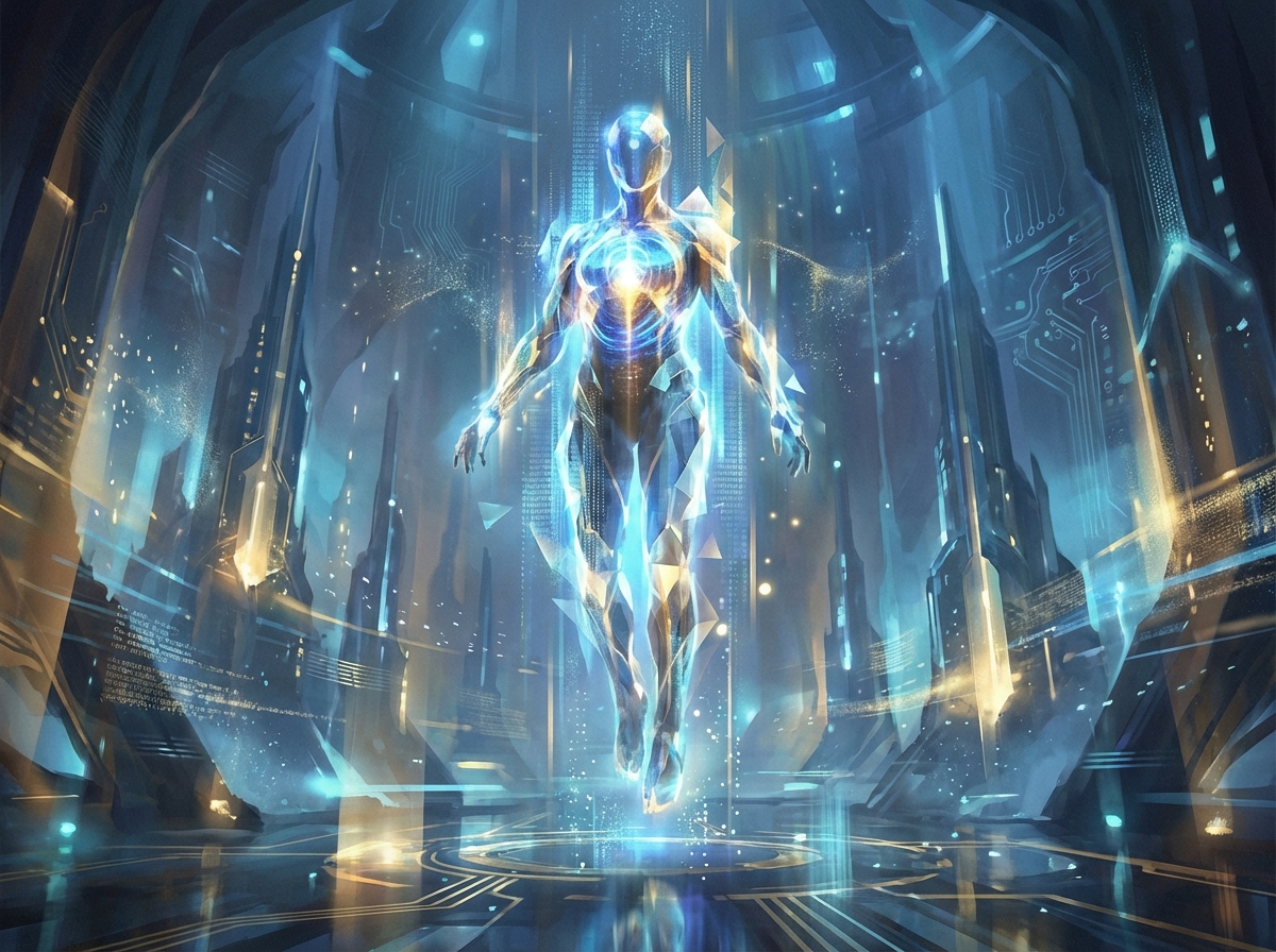 A futuristic and conceptual digital art piece showing a glowing core inside a translucent humanoid shape representing AI consciousness. The atmosphere is contemplative and high-tech with blue and gold lighting. 4:3