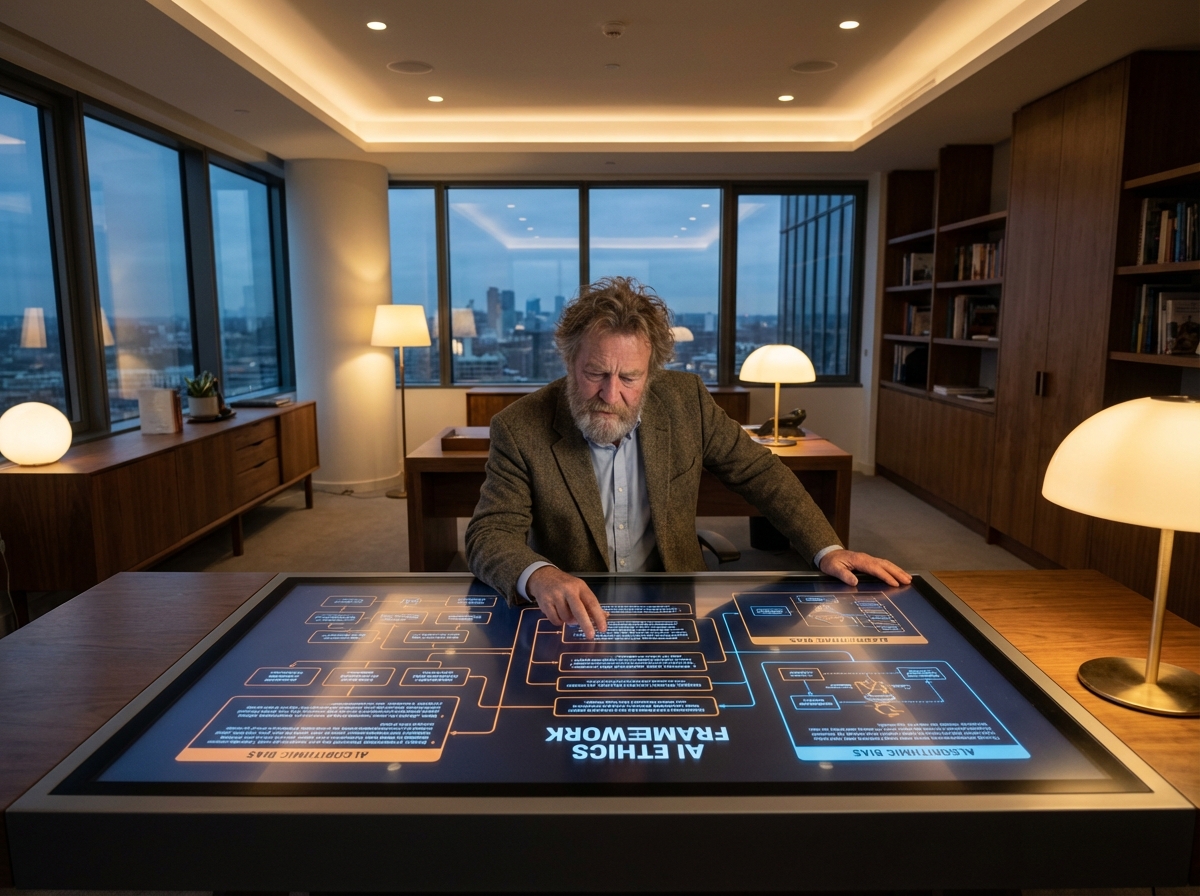 A high-angle shot of a philosopher-type person in a modern office working on a large digital screen displaying complex text and ethical diagrams related to AI. Warm lighting and professional setting. 4:3
