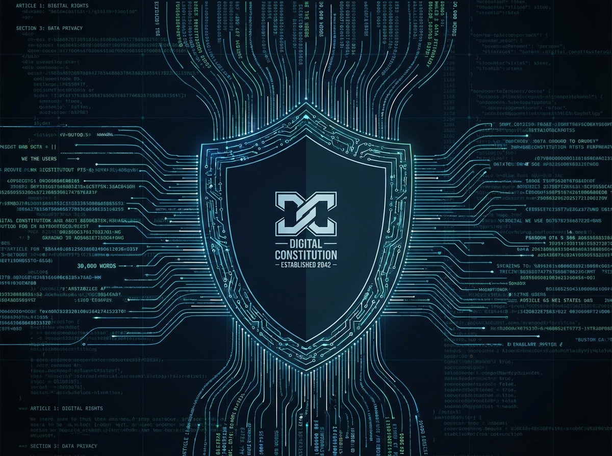 A visual representation of a massive 30000 word digital constitution shown as cascading lines of code and text forming a shield shape. High contrast and clean infographic style. 4:3