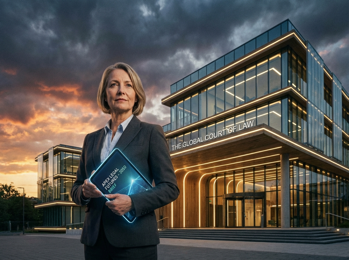A professional business leader standing in front of a futuristic legal building, holding a digital tablet, dramatic sky background, realistic photography style, 4:3.