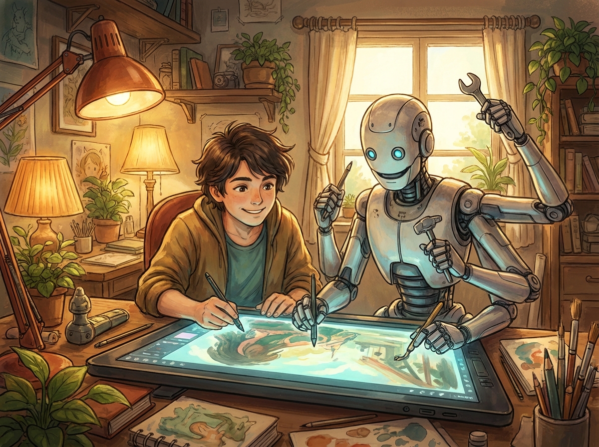 An artist and a robot collaborator working together on a digital canvas, warm lighting, harmonious atmosphere, highly detailed illustration, 4:3.