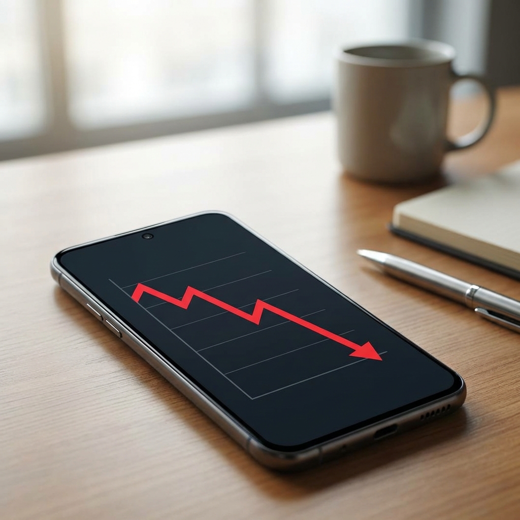 A professional and modern smartphone screen displaying a line graph showing a sharp downward trend. The background is a clean office desk with soft lighting. No text or logos. 1:1
