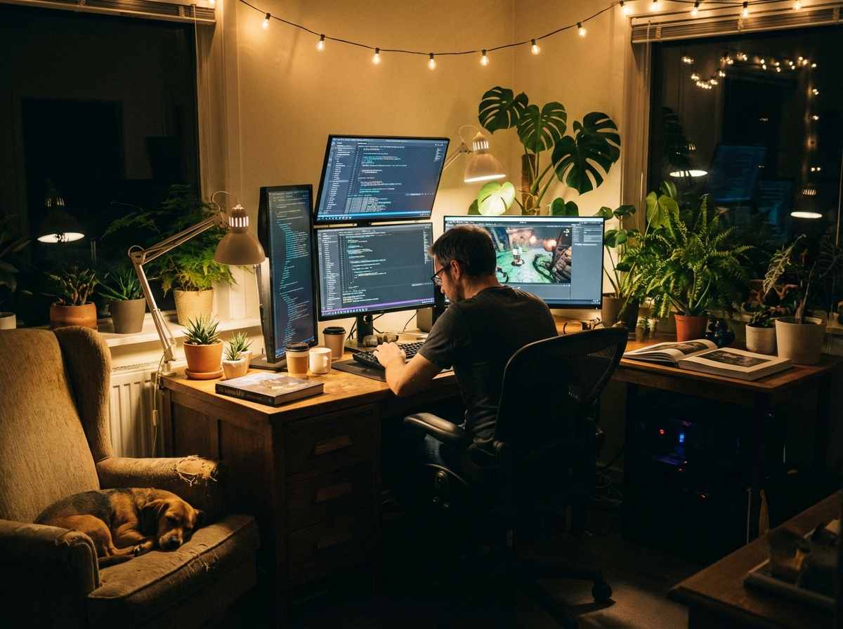 A cozy and focused game development office environment with plants and soft lighting, a developer working on complex code and 3D environment, high contrast, realistic style, 4:3