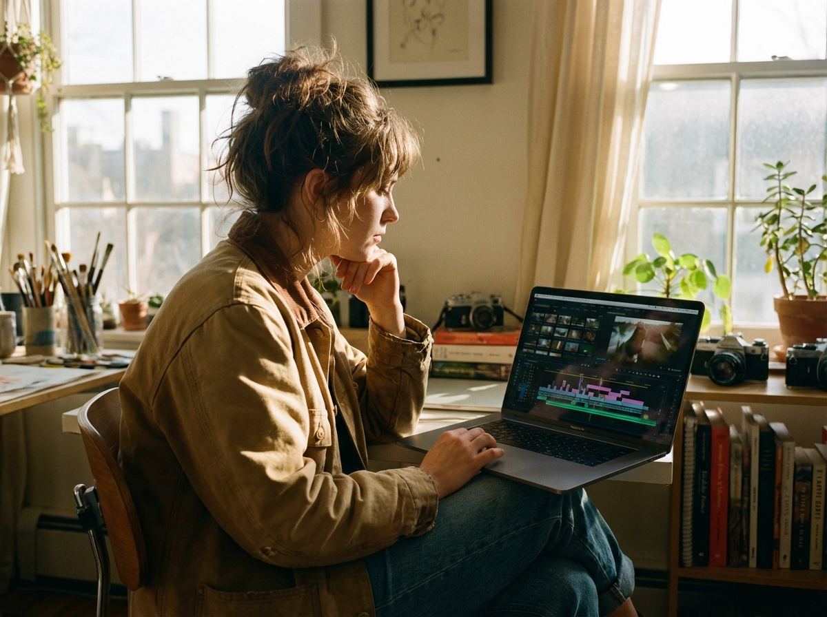 A realistic lifestyle photo of a young creative person sitting in a sunlit studio, looking thoughtfully at a laptop screen filled with video editing timelines. Soft warm lighting and natural setting. 4:3
