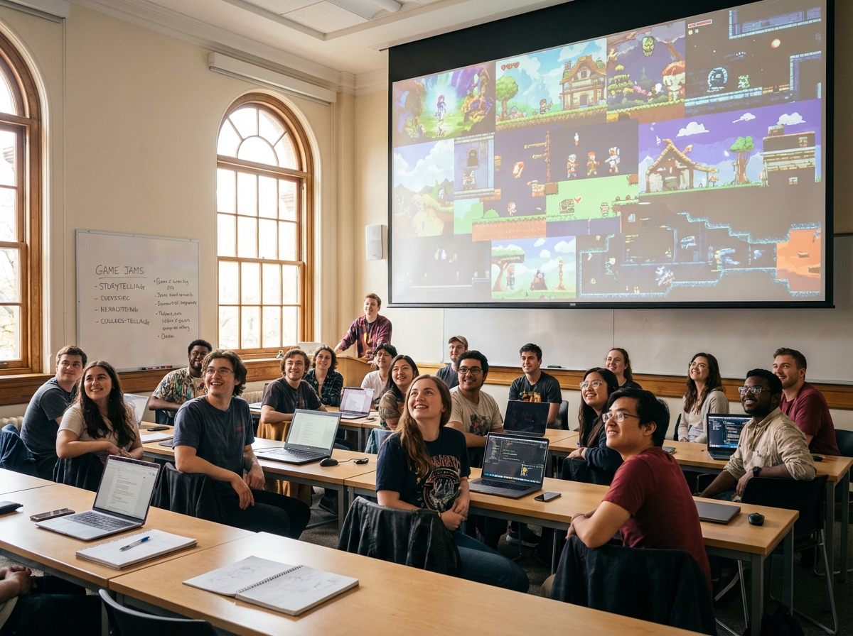 A classroom of game design students looking at a large screen with diverse game art, optimistic atmosphere, bright natural lighting, realistic style, 4:3