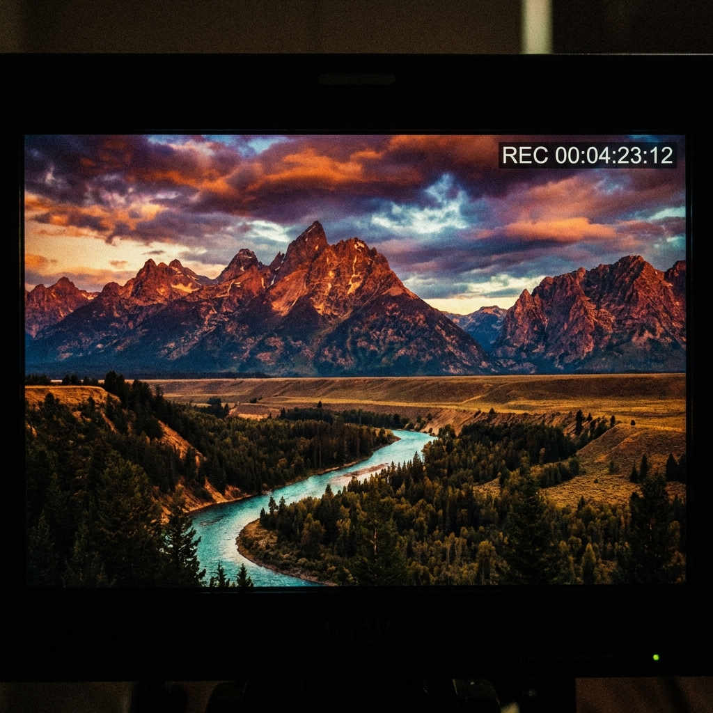 A detailed composition of a cinematic video scene featuring a majestic landscape with rich textures and vibrant colors. High contrast and artistic rendering. 1:1