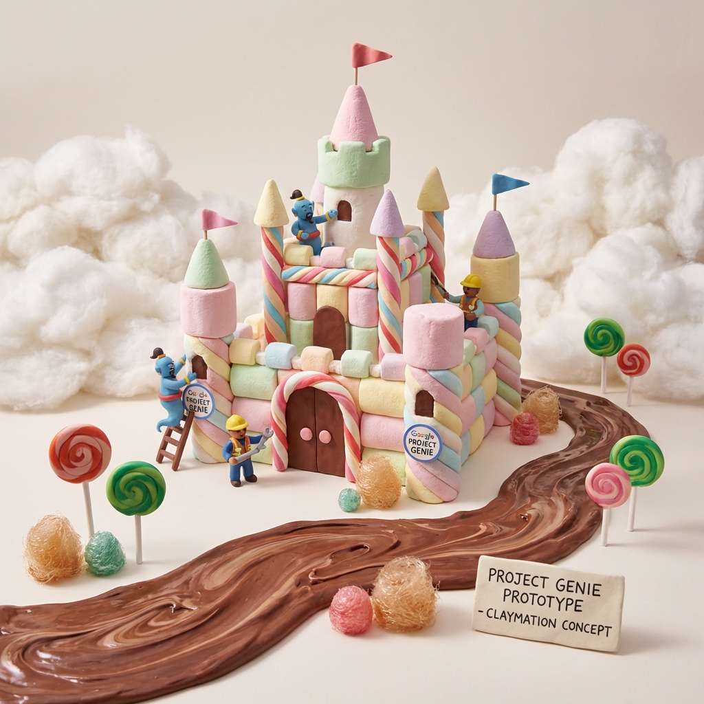 A whimsical castle made of pastel marshmallows and candy trees in a fluffy cloud environment, claymation style, chocolate river flowing around, Google Project Genie concept, 1:1