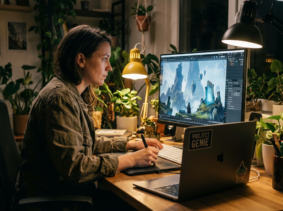 A person using a laptop to design a virtual landscape with fantasy mountains and a small character, cinematic lighting, realistic style, Project Genie, 4:3