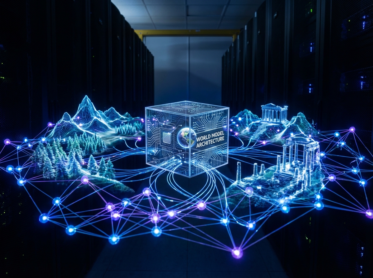 Conceptual visualization of a neural network dreaming up a 3D environment, glowing nodes and connections forming a landscape, world models architecture, 4:3