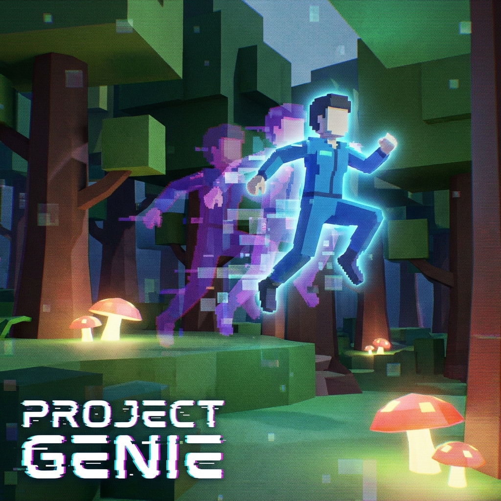 A slightly pixelated 3D forest scene with a character jumping, showing some digital artifacts and lag trails, concept art style, Project Genie, 1:1