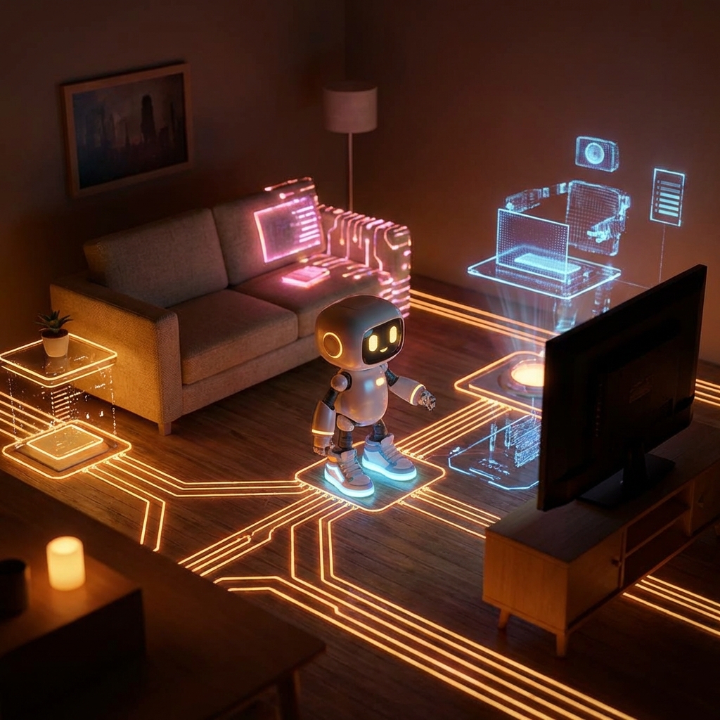 A third person view of a small character navigating a digital living room, glowing paths, interactive objects reacting to movement, 1:1