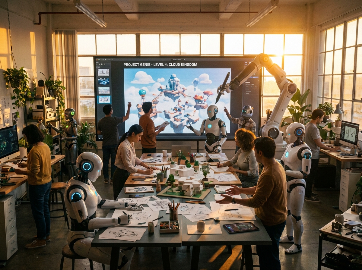 A wide shot of a creative studio where humans and AI robots are brainstorming game levels together, Project Genie on screen, warm sunset lighting, 4:3