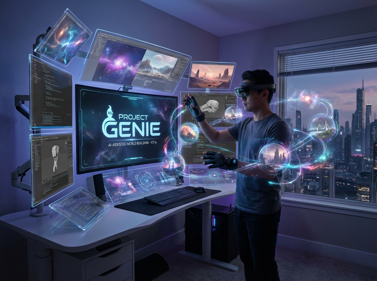 A futuristic workstation where a creator is designing a vast virtual universe using AI tools, immersive holographic displays, Google Project Genie vision, 4:3
