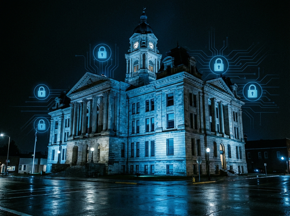 A professional digital security concept featuring a classic Iowa courthouse building at night. Overlaid with subtle blue digital lock icons and circuit patterns. High contrast, modern cinematic lighting. No text. 4:3