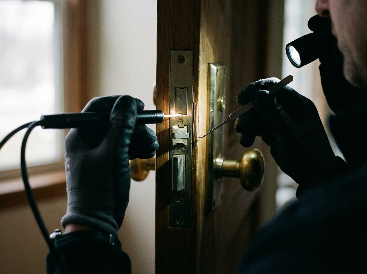 Close-up of a professional security consultant hands using a specialized tool to check a door locking mechanism. Realistic photography, natural low light setting, focused on the technical process. No text. 4:3