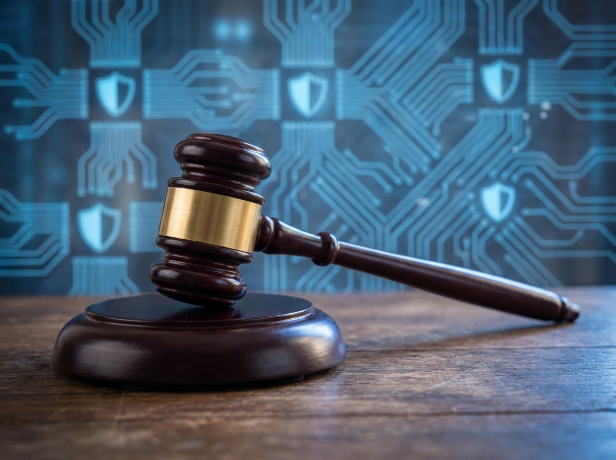 A wooden judge's gavel resting on a table with a background of glowing blue digital security circuit board patterns. Artistic rendering, textured background, professional lighting. No text. 4:3