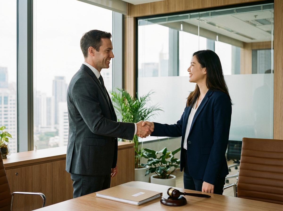 Two professional individuals in business attire shaking hands in a modern office environment, symbolizing a legal settlement and agreement. Warm natural lighting, clean composition. No text. 4:3