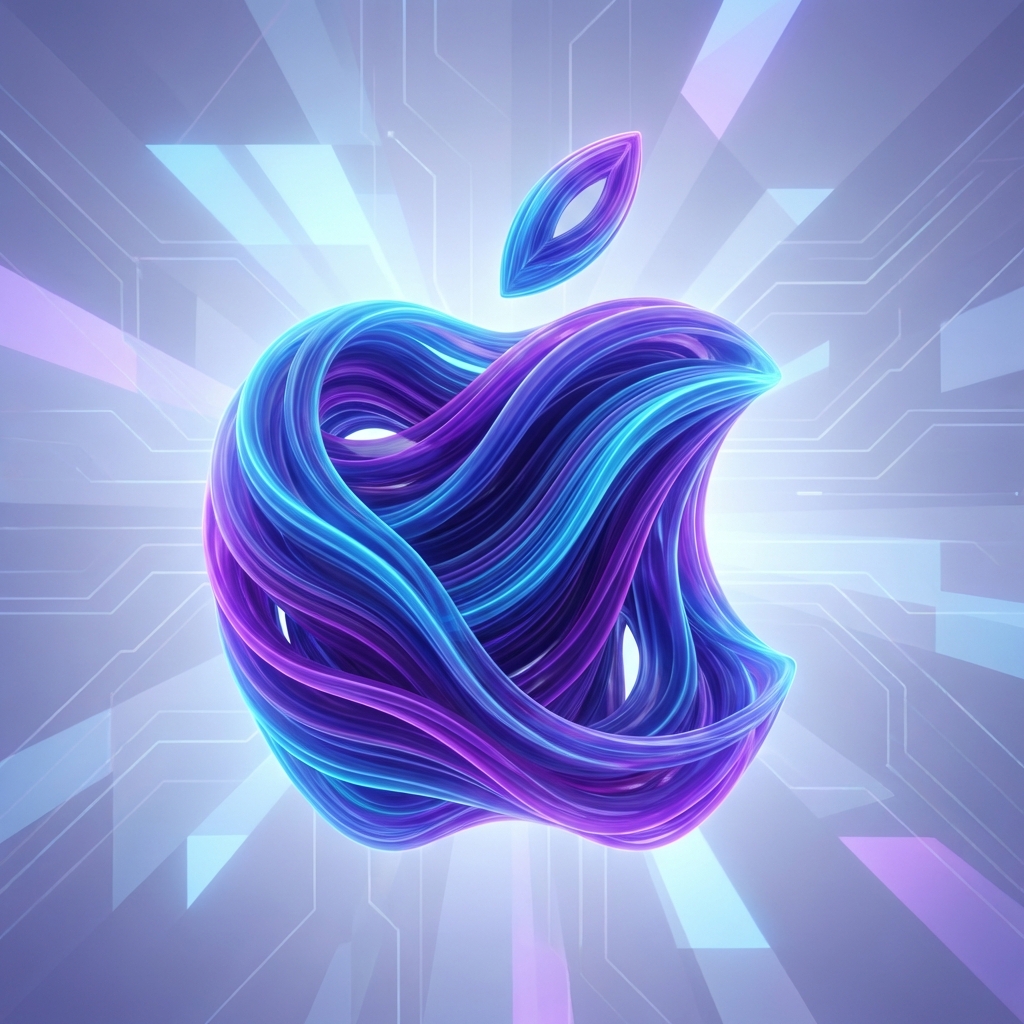 Minimalist Apple logo composed of vibrant blue and purple digital sound waves, high quality 3D render, tech background, 1:1