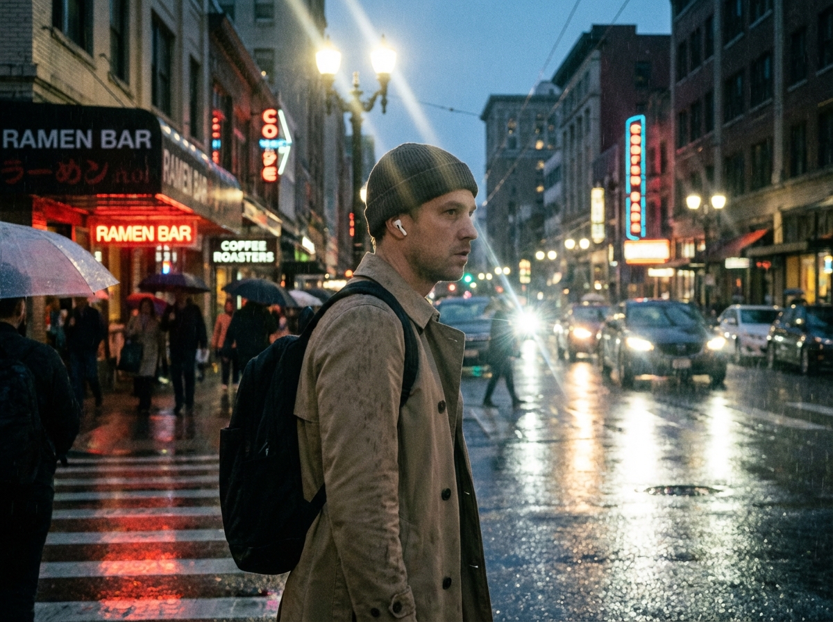 A person wearing AirPods Pro walking through a busy rainy city street, focused expression, cinematic lighting, 4:3