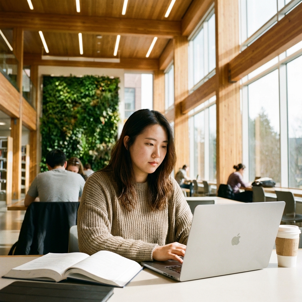 따뜻한 햇살이 비치는 도서관에서 공부하는 사람