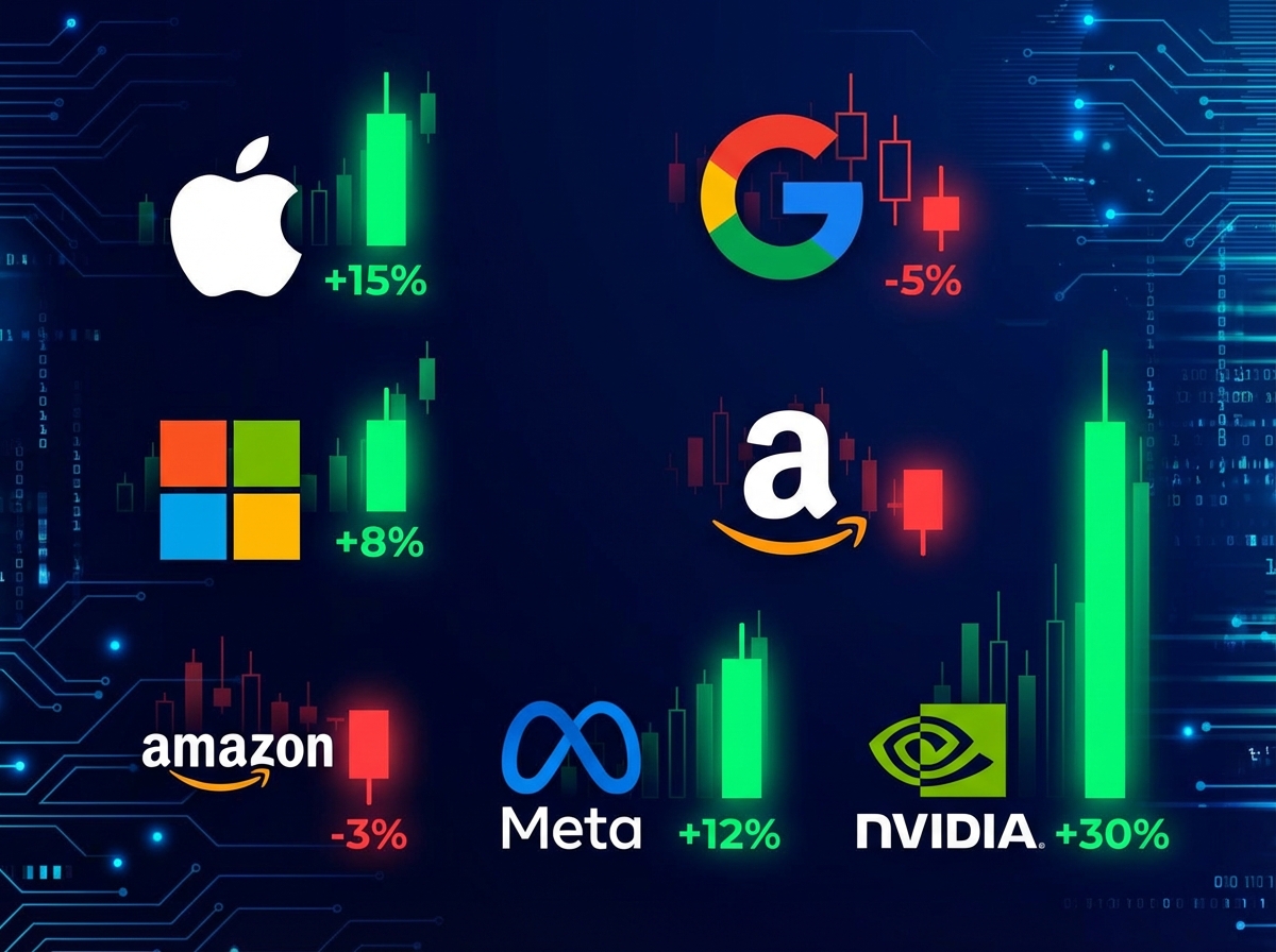 A professional infographic showing various big tech company logos with rising and falling stock market candles, dark blue background with glowing digital elements, high contrast, clean layout, 4:3