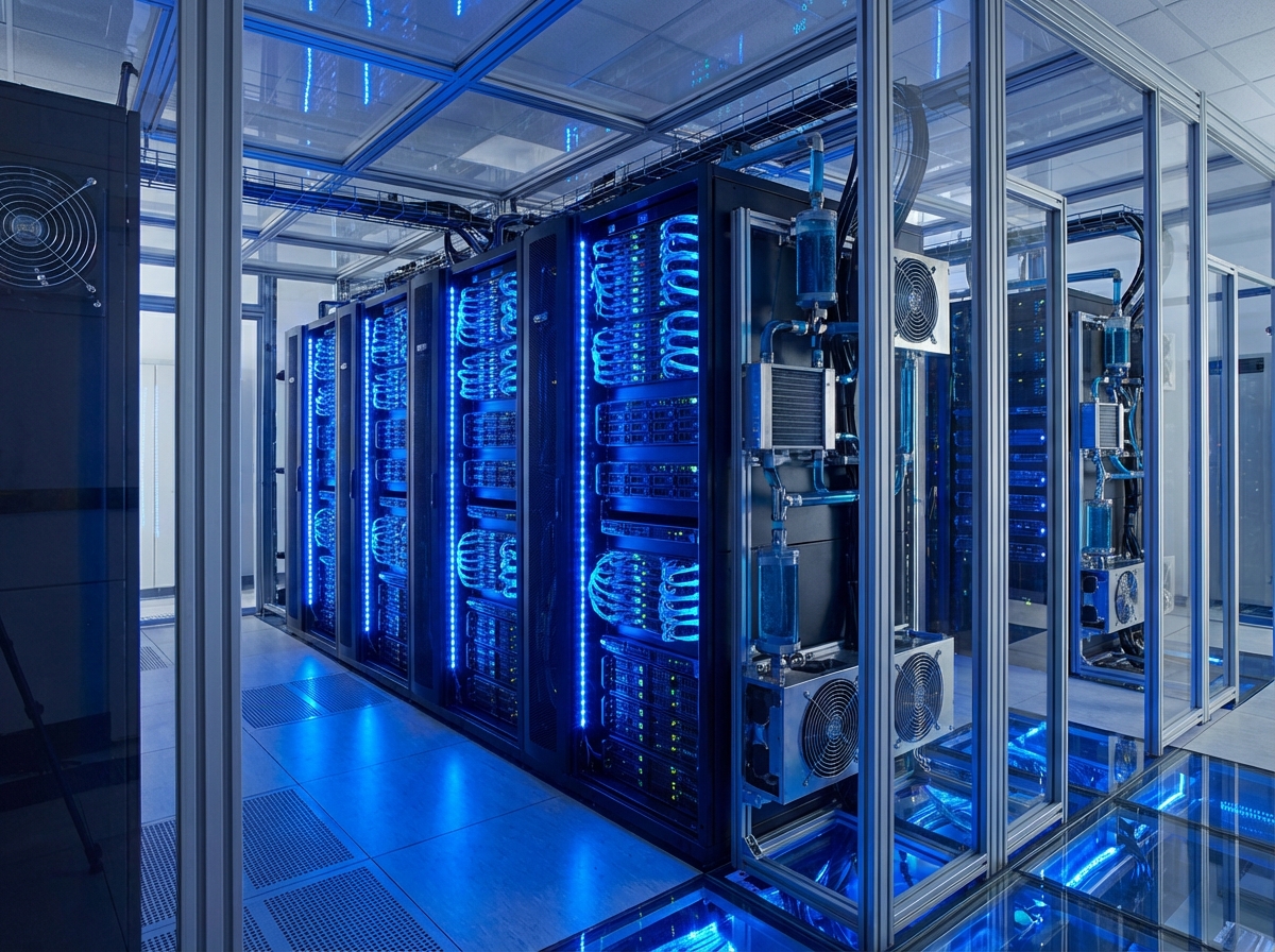High-tech server room with glowing blue lights and advanced cooling systems, clean and organized rows of data racks, realistic photography, 4:3