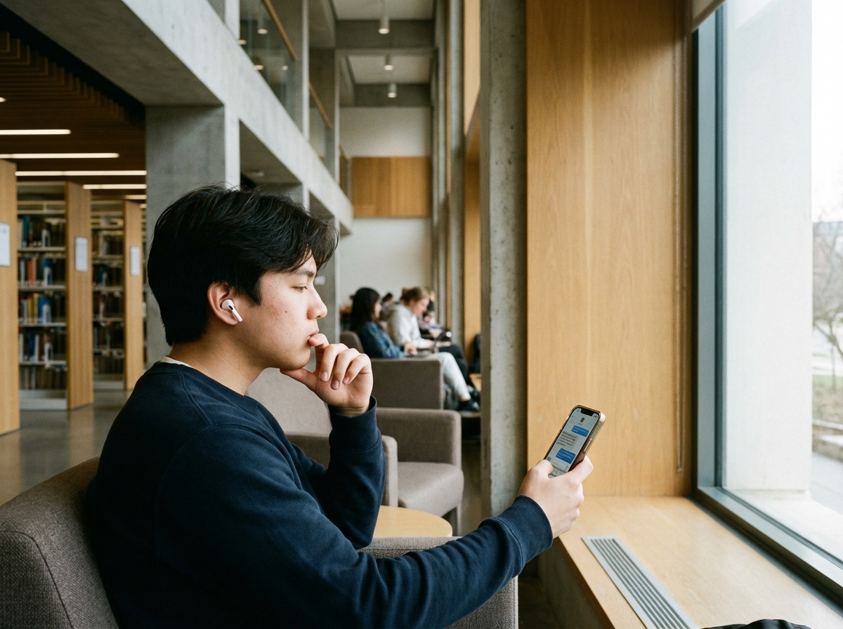 A person wearing AirPods in a quiet modern library environment, looking thoughtfully at a phone. The image should convey a sense of silent communication. Lifestyle photography, natural lighting. 4:3. NO KOREAN Text.