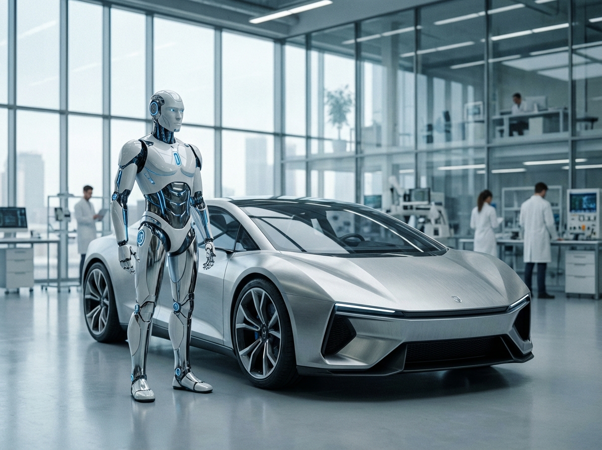 A sleek humanoid robot standing next to a modern electric vehicle in a futuristic laboratory setting, soft natural lighting, high detail, 4:3