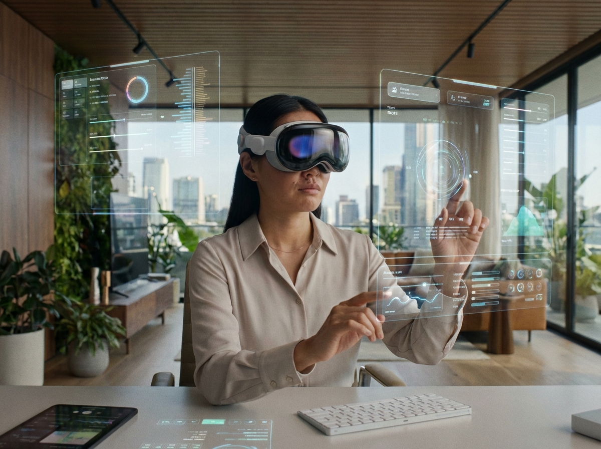 A professional in a futuristic home office wearing a Vision Pro headset, interacting with holographic interfaces using subtle facial gestures. High-tech, detailed composition. 4:3. NO KOREAN Text.