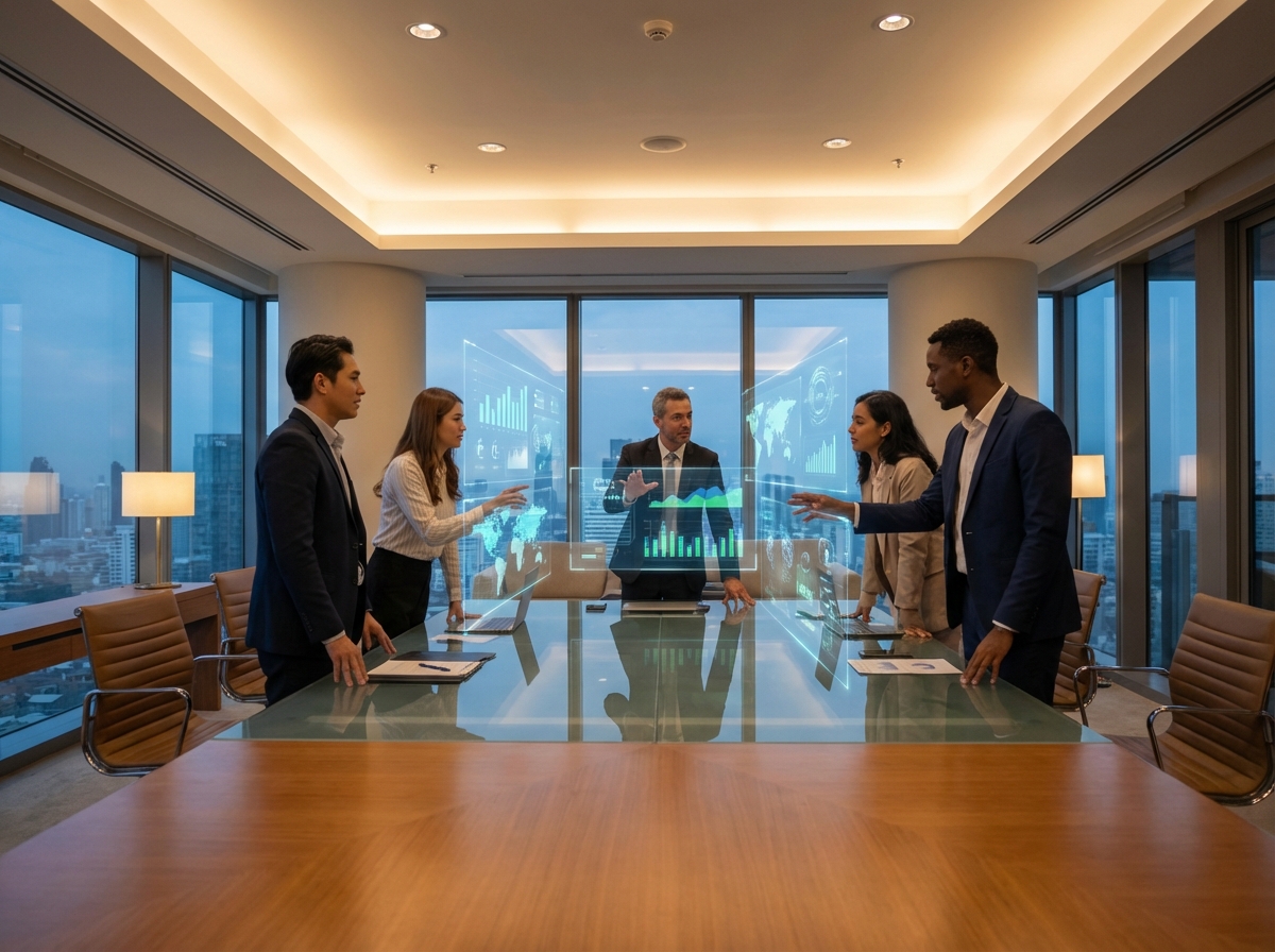 Business professionals in a modern boardroom discussing global tech strategy with holographic data displays, professional atmosphere, warm lighting, 4:3