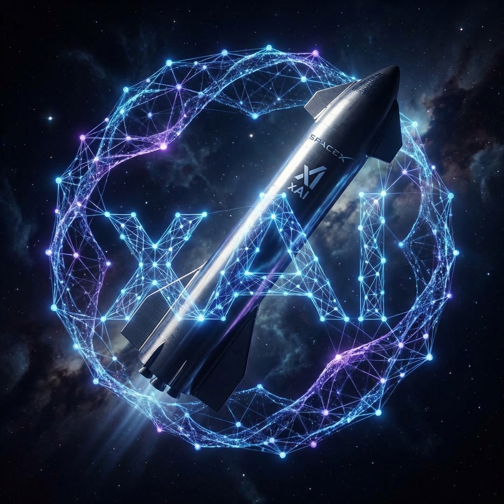 A realistic futuristic SpaceX rocket alongside a glowing neural network representing xAI AI technology in deep space, high contrast, cinematic lighting. 1:1