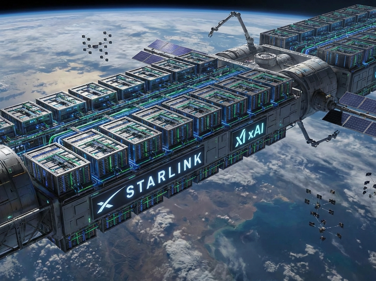 A large high-tech satellite data center floating in Earth orbit with glowing servers representing the integration of Starlink and xAI, realistic digital art style. 4:3