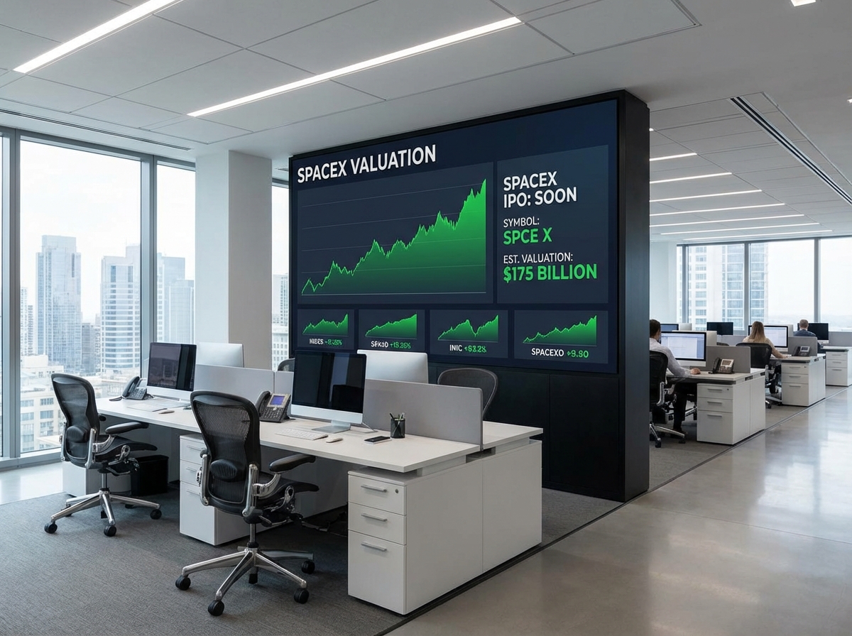 A modern clean stock market dashboard display showing rising graphs and SpaceX valuation text with IPO symbols, professional financial office background. 4:3