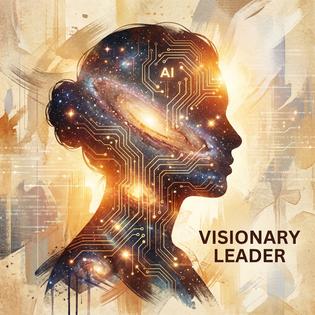 Artistic illustration of a visionary leader profile silhouette merging with galaxy stars and AI circuit lines, textured background, warm lighting. 1:1