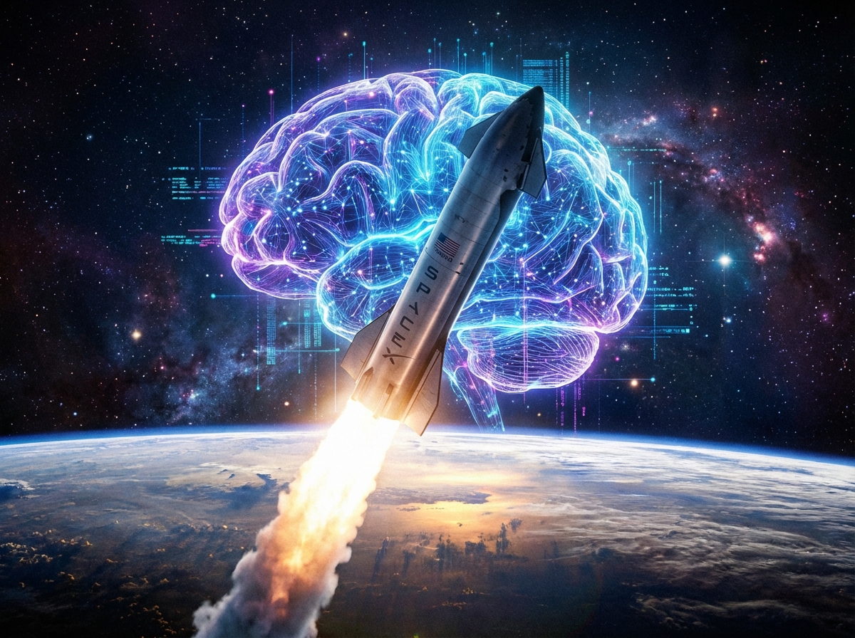 A futuristic scene showing a sleek SpaceX rocket launching into orbit while a glowing digital brain representing AI is integrated into the background space environment, cinematic lighting, 4:3