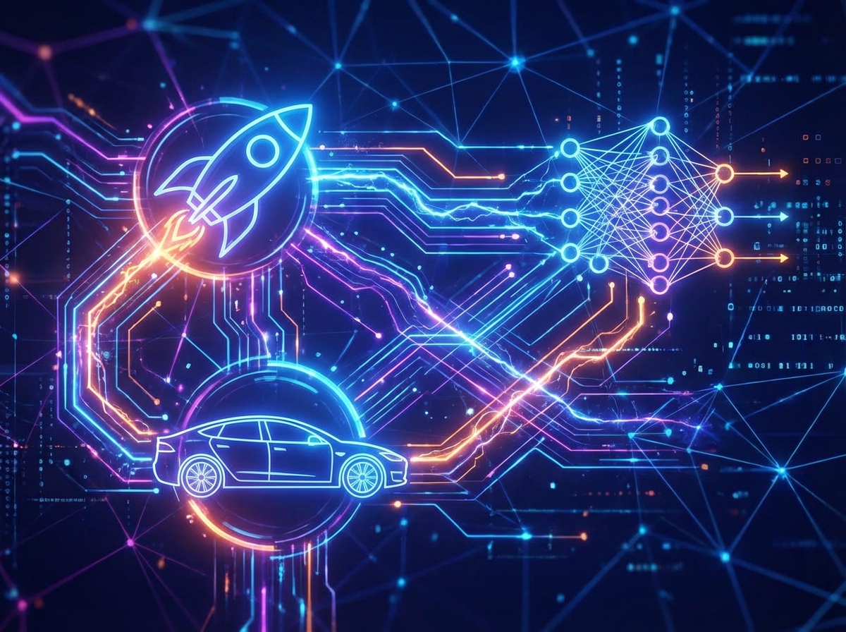 An abstract visualization of various technology icons like rockets, electric cars, and neural networks interconnected by glowing lines of energy, modern tech illustration, 4:3