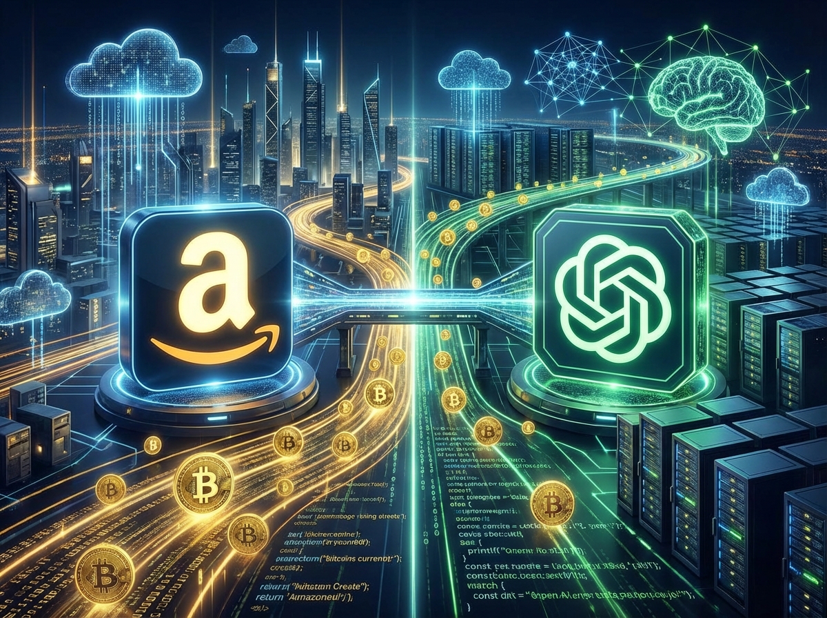 A high-tech conceptual illustration showing a bridge between the Amazon logo and OpenAI logo. Golden streams of digital currency flowing between them. High contrast, modern futuristic tech background, cinematic lighting. 4:3