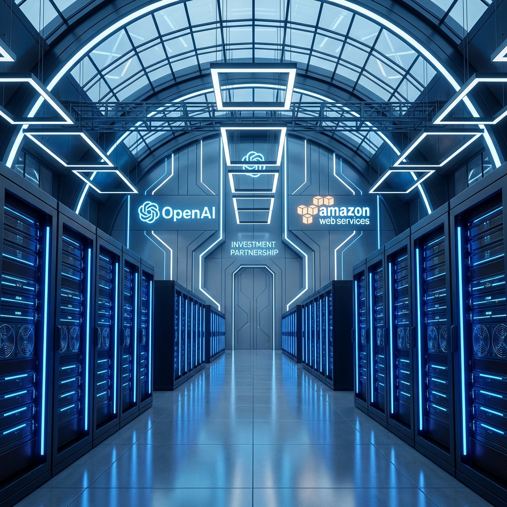 A vast interior of a modern data center with glowing blue lights and rows of servers. High-tech architecture, symmetric composition, clean and sophisticated look. OpenAI Amazon Investment theme. 1:1