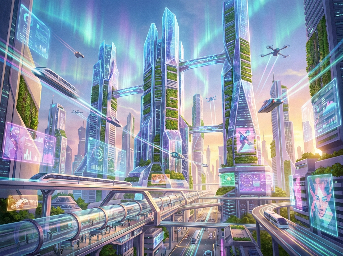 A futuristic city landscape with floating digital interfaces and high-speed transit. Vibrant colors, optimistic atmosphere, cinematic wide shot, detailed composition. 4:3