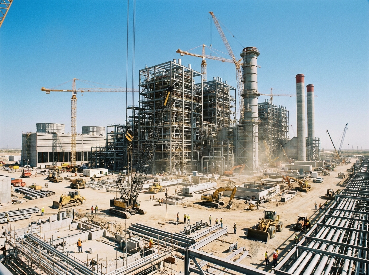 A massive natural gas power plant under construction with heavy machinery, industrial cranes, steel structures, clear sky, realistic photography, wide angle, 4:3