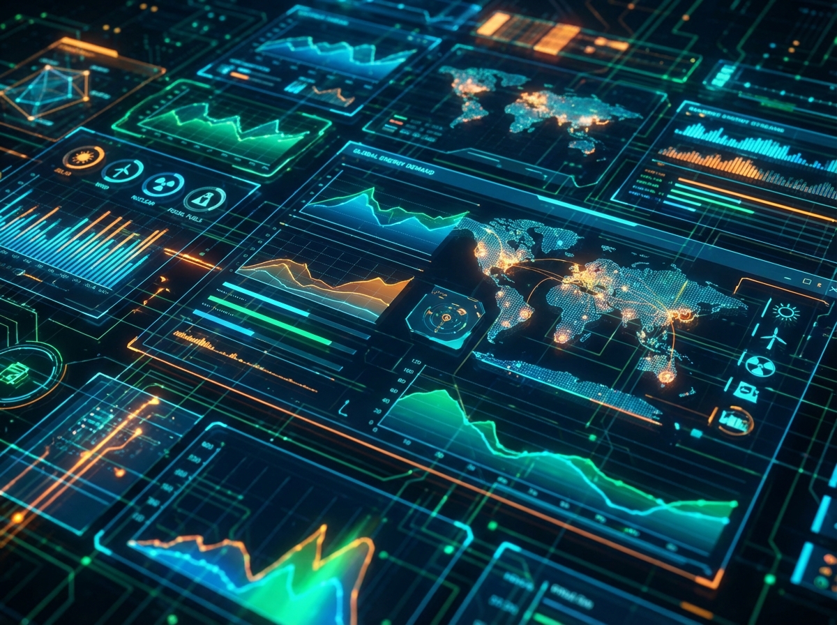 High-tech digital background showing abstract glowing charts and data flows representing global energy demand, vibrant colors, futuristic layout, 4:3